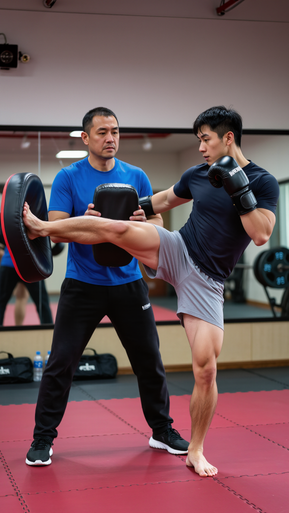 Beginner MMA Training Plan: Start Fighting in 30 Days Muay Thai fighter delivering a powerful roundhouse kick to pads held by coach during MMA striking training.
