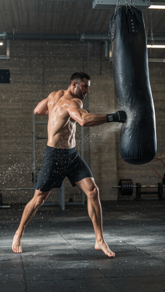 Beginner MMA Training Plan: Start Fighting in 30 Days
Man training in gym punching a heavy bag with powerful right cross, sweat flying, MMA strength and conditioning workout.